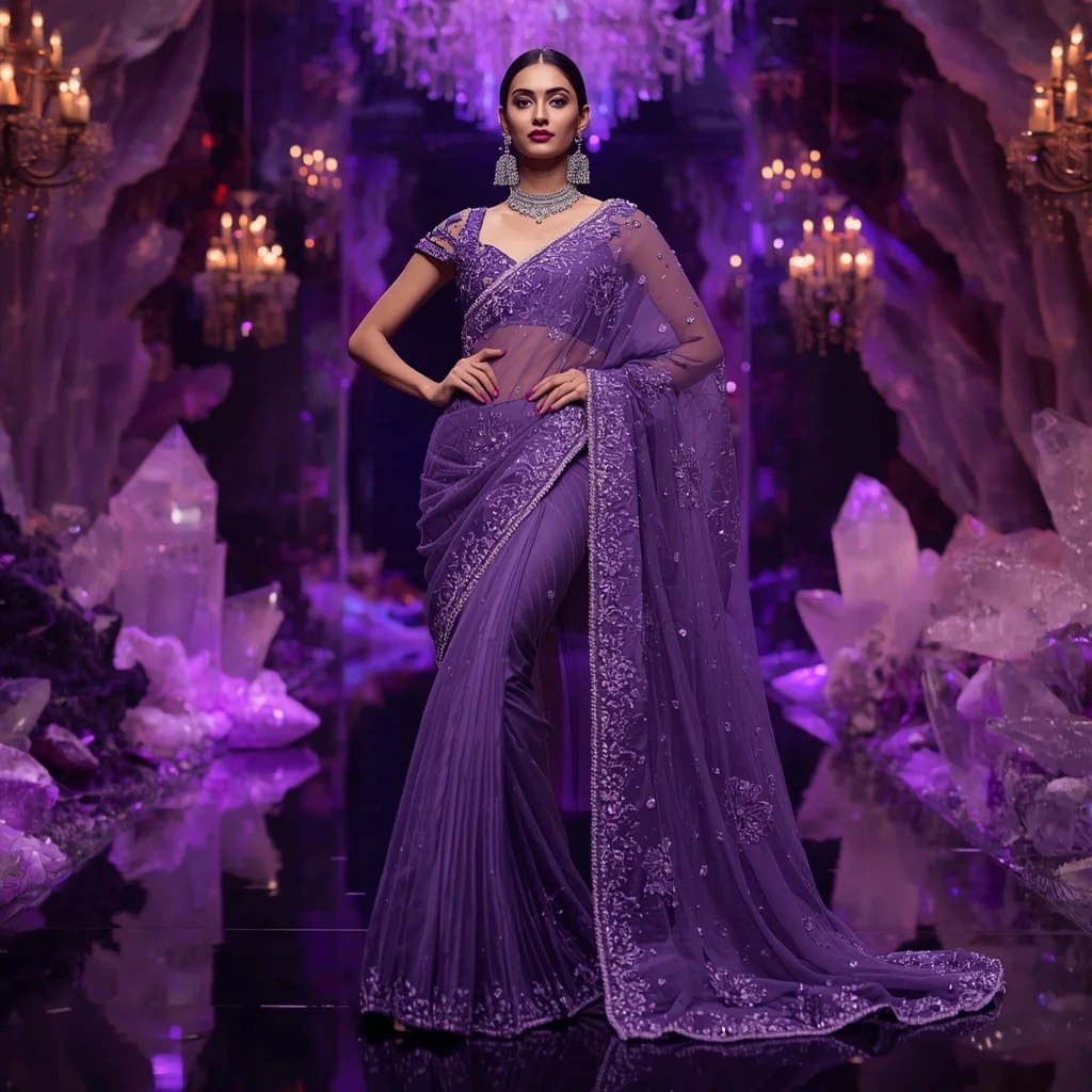 Royal Amethyst Galaxy Bloom Saree Couture with Violet Crystal Universe Garden Background | Selfie Prompt