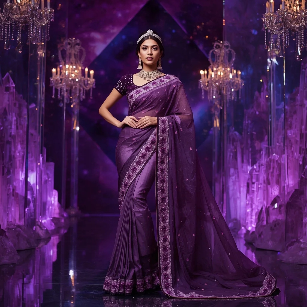 Royal Amethyst Nebula Crown Saree Couture with Violet Crystal Universe Palace Background | Gemini Photo Editing Prompt