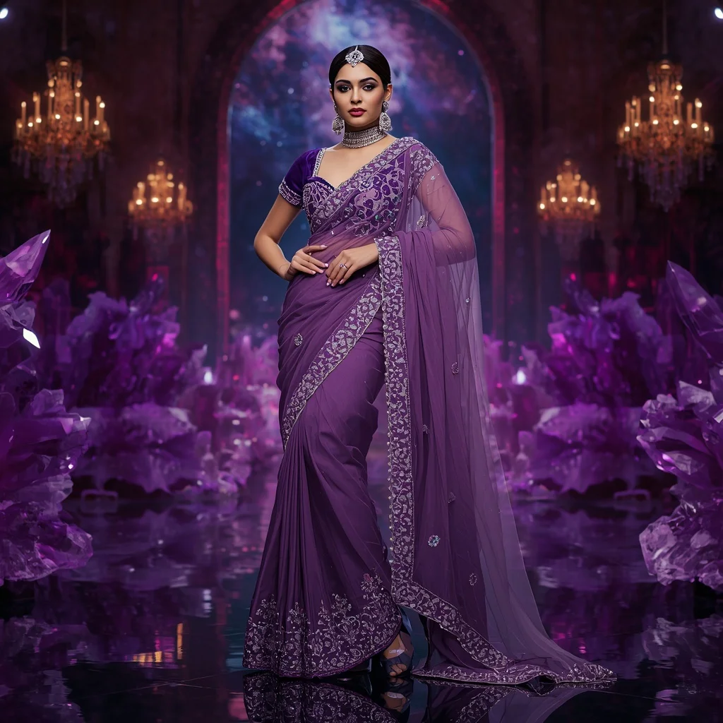 Royal Amethyst Nebula Queen Saree Couture with Violet Crystal Galaxy Citadel Background | Trending Prompt Girls Traditional