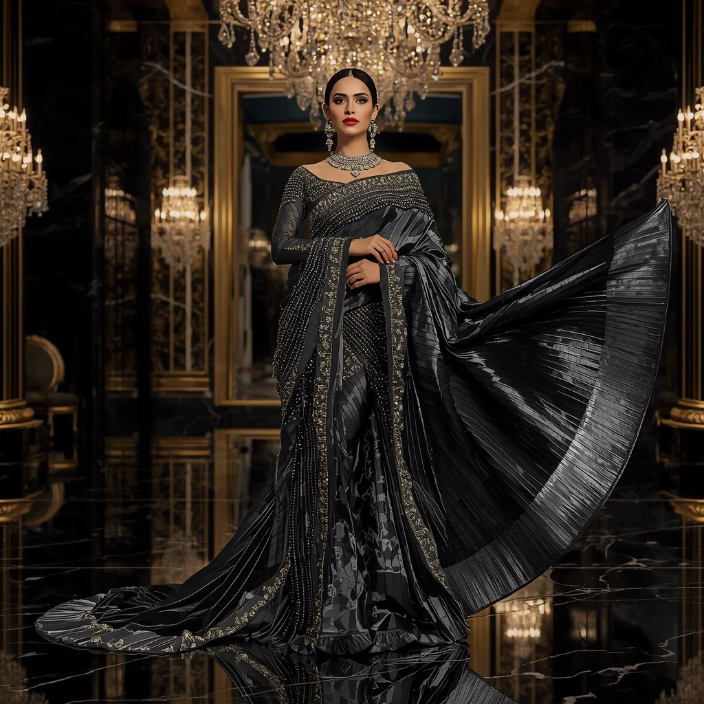 Royal Black Diamond Saree with Grand Onyx Palace Ballroom | Best Prompt For Traditional Look For Girl Chatgpt