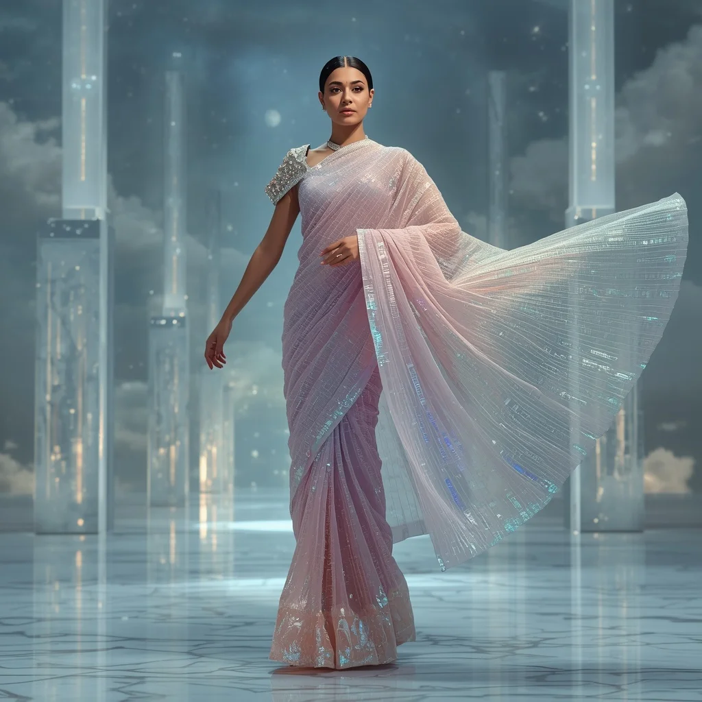 Royal Celestial Aurora Matrix Saree – Ultra Premium Festival Saree with Matrix Float Pose and Aurora Matrix Sky Palace Background | Chatgpt Prompt