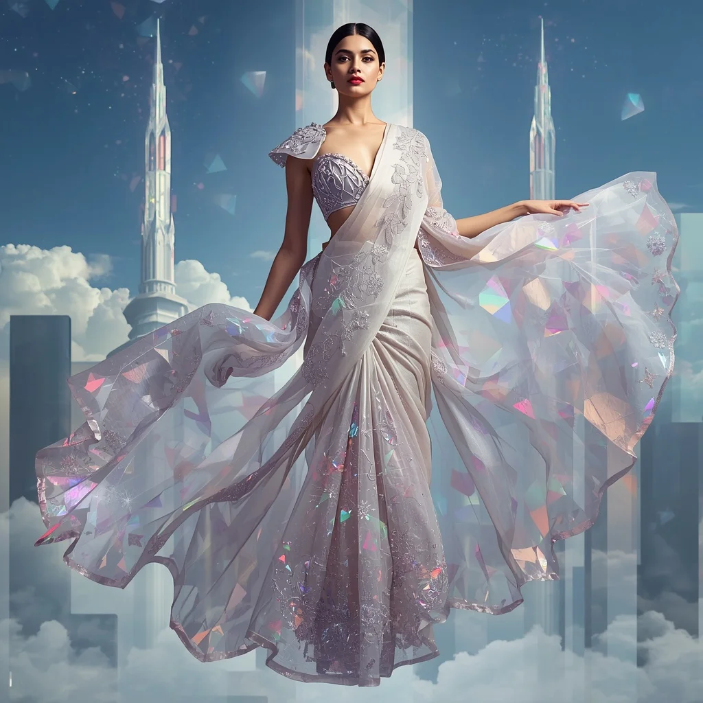 Royal Celestial Omni Prism Saree – Ultra Premium Festival Saree with Omni Float Pose and Prism Omni Sky Citadel Background | Ai Video Generator Prompt
