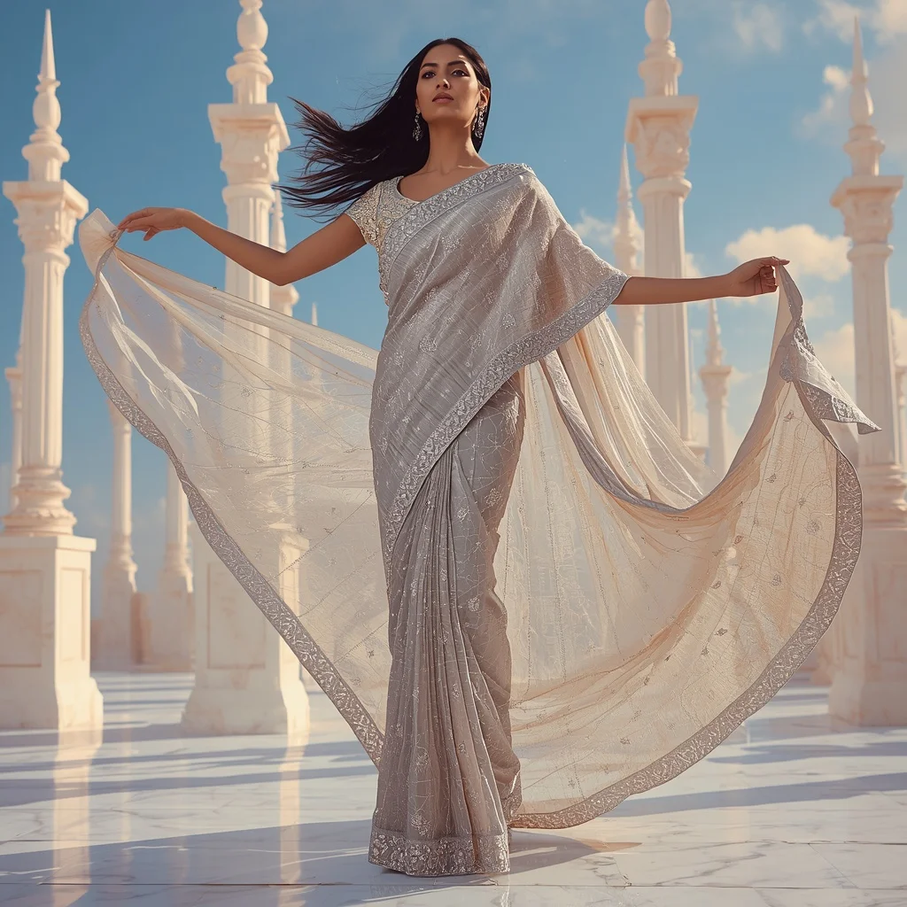 Royal Celestial Prism Dominion Saree – Ultra Premium Festival Saree with Floating Dominion Pose and Prism Dominion Sky Palace Background | Woman Pose Ai Prompt
