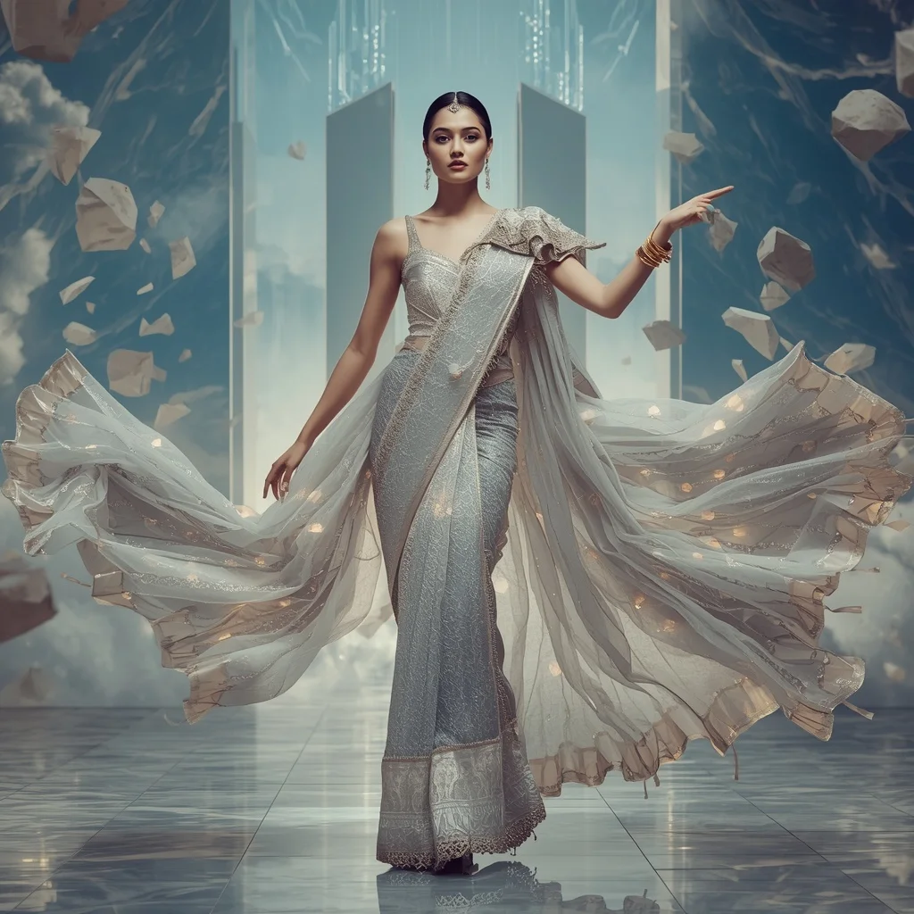 Royal Celestial Zenith Matrix Saree – Ultra Premium Festival Saree with Zenith Matrix Float Pose and Crystal Matrix Sky Palace Background | Banana Prompts Girls