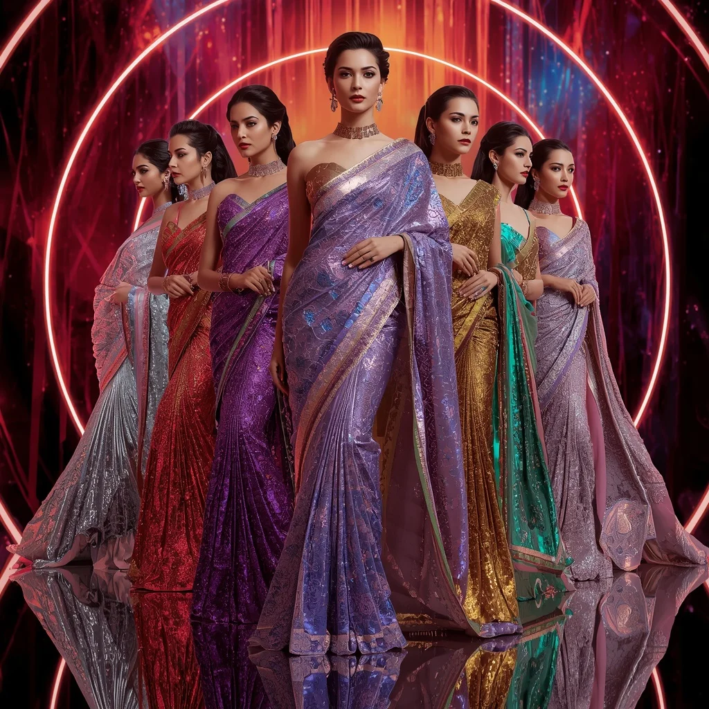 Royal Chrome Celestial Quantum Saree with Multi Motion Frames and Laser Infinity Infinite Megaverse | Desi Girl Ai Prompt