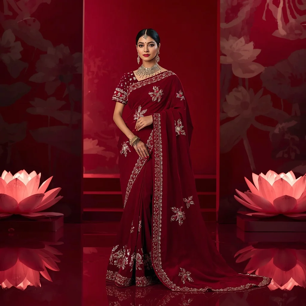 Royal Crimson Crystal Lotus Saree Fashion with Ruby Palace Garden Background | Prompt Trending Girl 2026