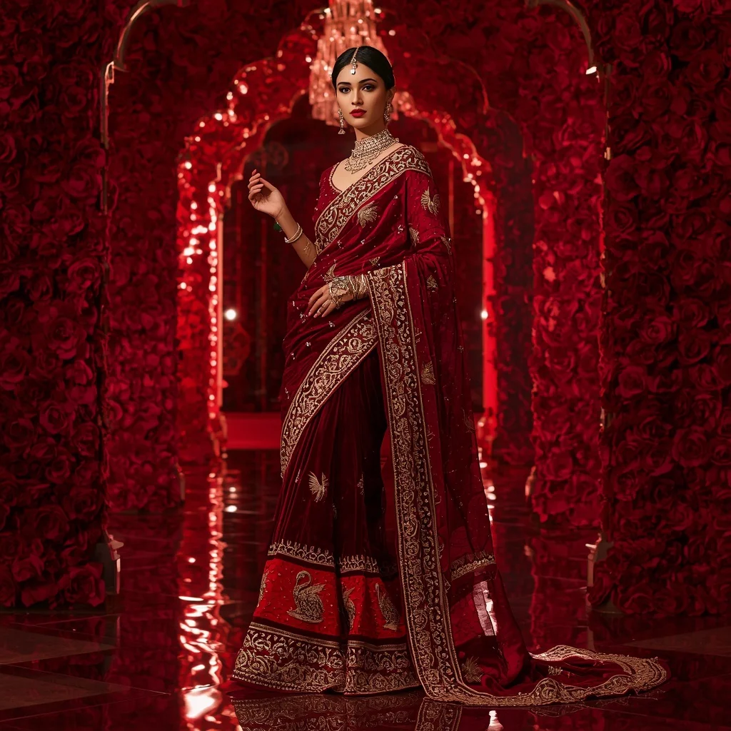 Royal Crimson Crystal Swan Saree Fashion with Ruby Mirror Palace Background | Best Ai Prompt 2026