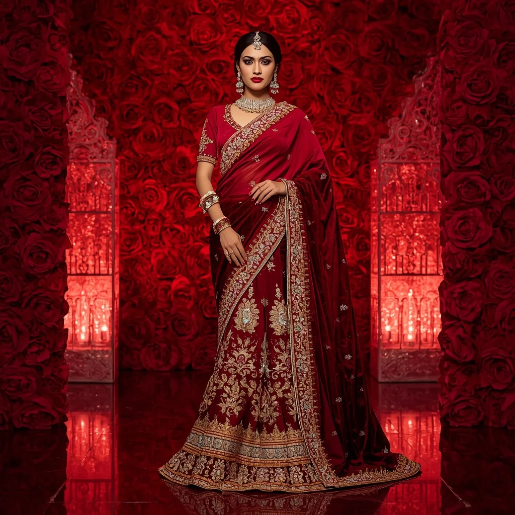 Royal Crimson Rose Empress Saree Fashion with Ruby Floral Fortress Background | Instagram Girl Gemini Prompt
