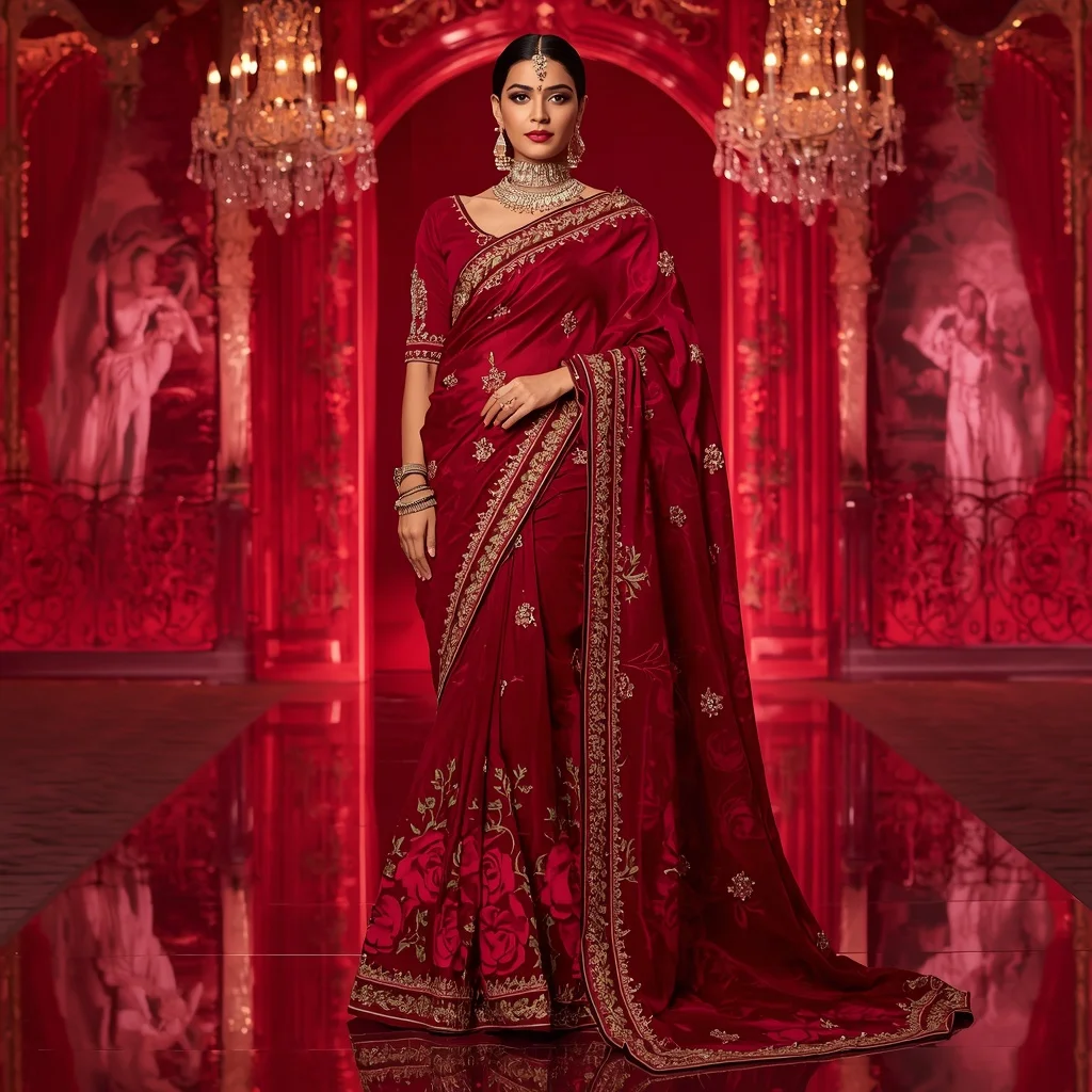 Royal Crimson Rose Palace Saree Fashion with Ruby Crystal Castle Background | Influencer Ai Prompt