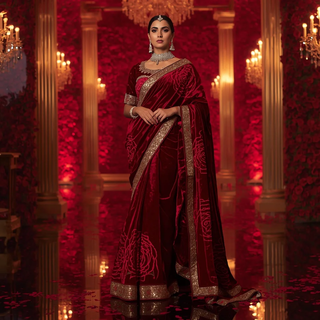 Royal Crimson Velvet Rose Saree Fashion with Ruby Crystal Ballroom Background | Profile Picture Ai Prompt