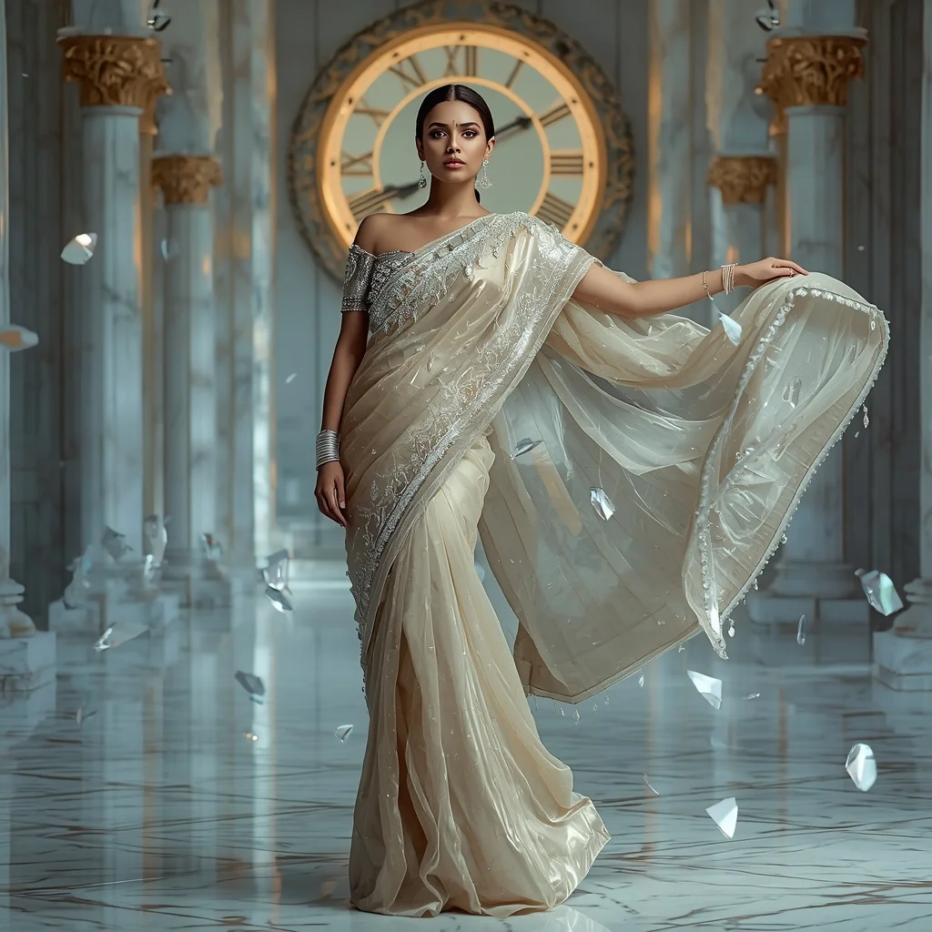 Royal Crystal Timewarp Saree – Ultra Premium Festival Saree with Time-Suspension Pose and Timewarp Crystal Palace Background | Ai Gemini Prompt