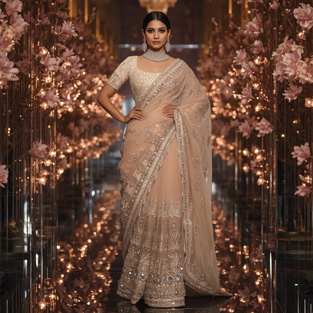 Royal Diamond Magnolia Empress Saree Fashion with Luxury Crystal Blossom Hall Background | Prompt Seen Horror Girl