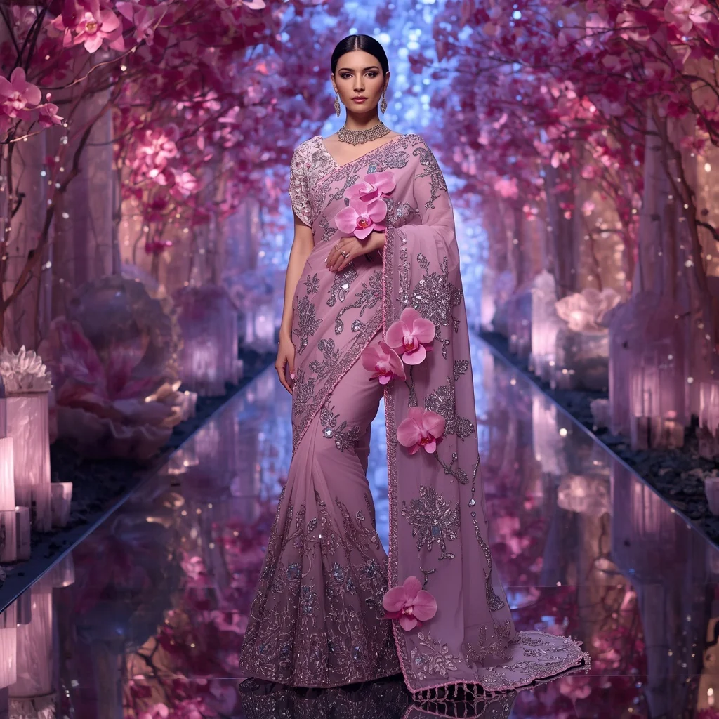Royal Diamond Orchid Queen Saree Fashion with Luxury Crystal Blossom Citadel Background | Gemini Ai Prompt For Girl