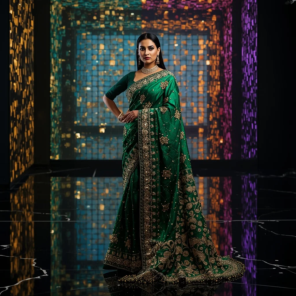 Royal Emerald Heavy Zardosi and Mirror-Mosaic Festive Masterpiece | Prompt AI For Girl