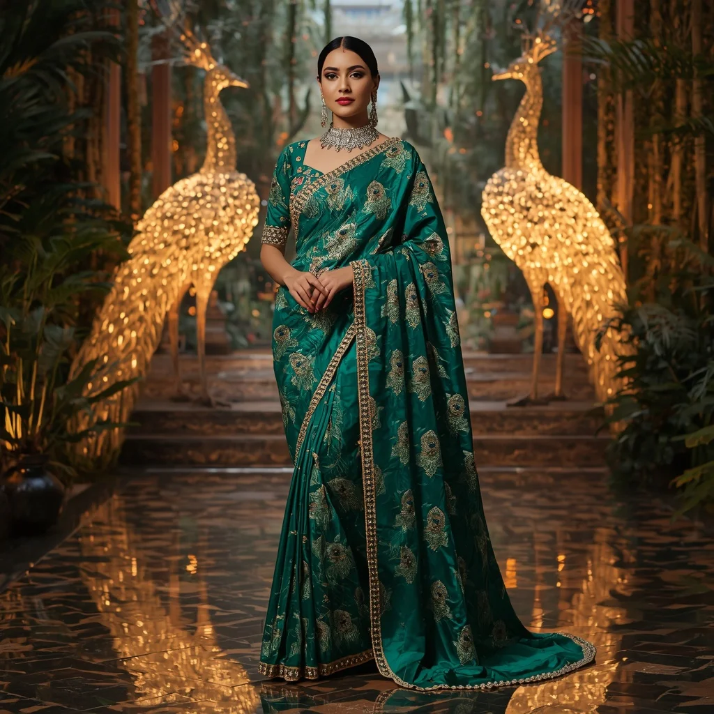 Royal Emerald Jungle Peacock Saree Fashion with Crystal Rainforest Palace Background | Ai Prompt Generator Free