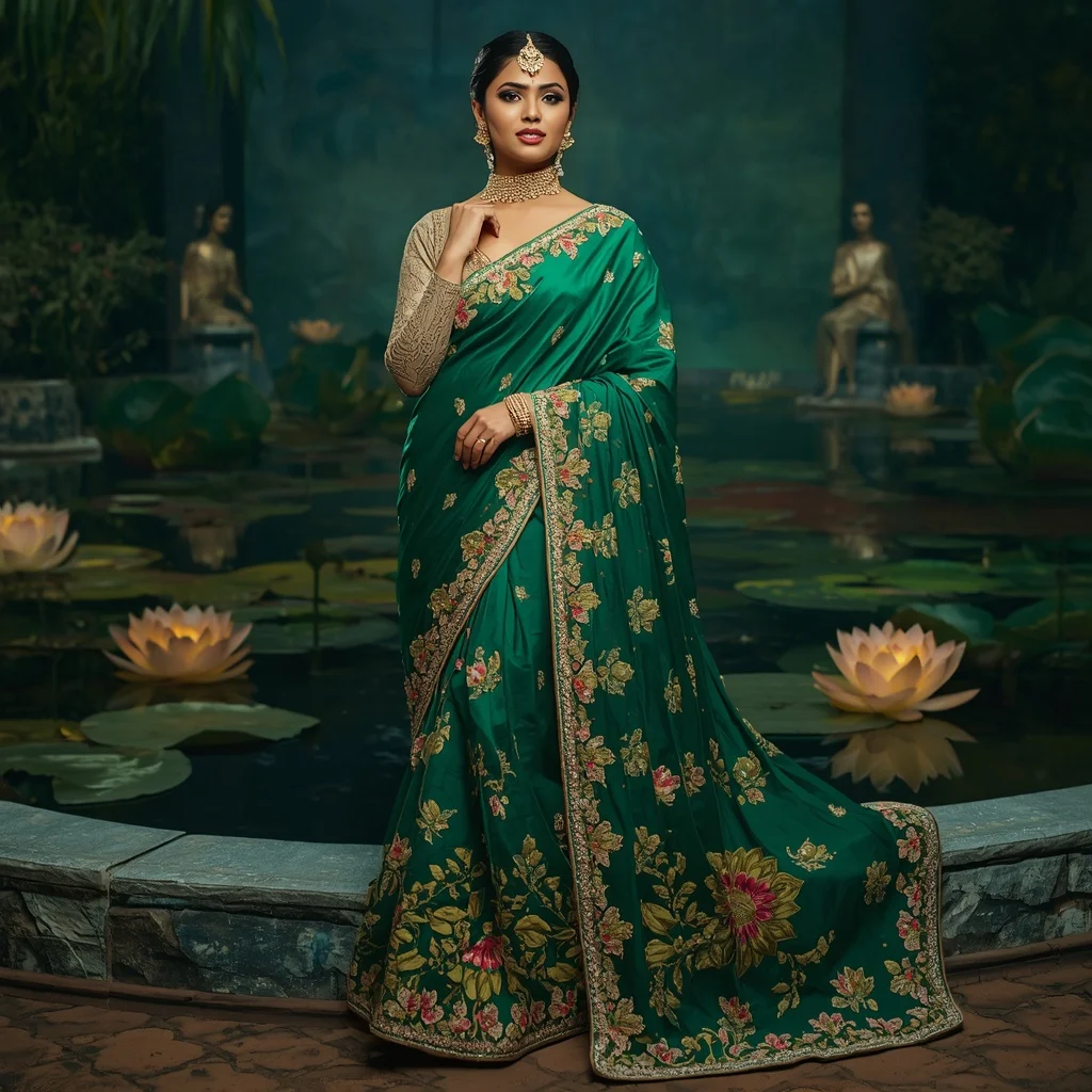 Royal Emerald Lotus Garden Maharani Saree Fashion with Floating Crystal Pond Background | Text To Image Prompt