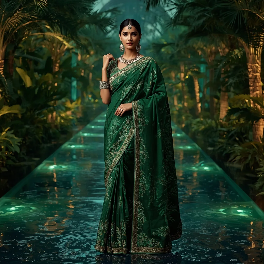 Royal Emerald Palm Paradise Saree Fashion with Tropical Crystal Lagoon Background | Woman Pose Ai Prompt