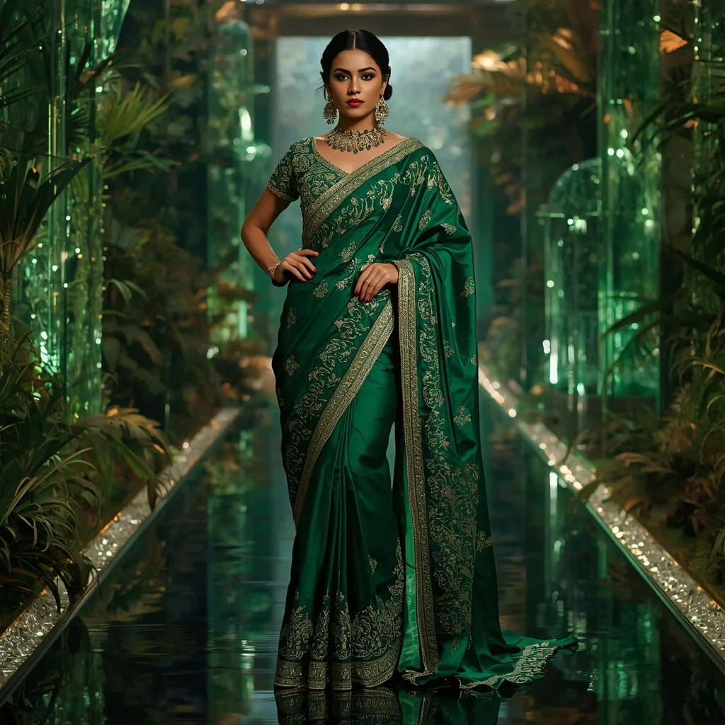 Royal Emerald Serpent Garden Saree Fashion with Crystal Jungle Palace Background | Lighting Ai Prompt