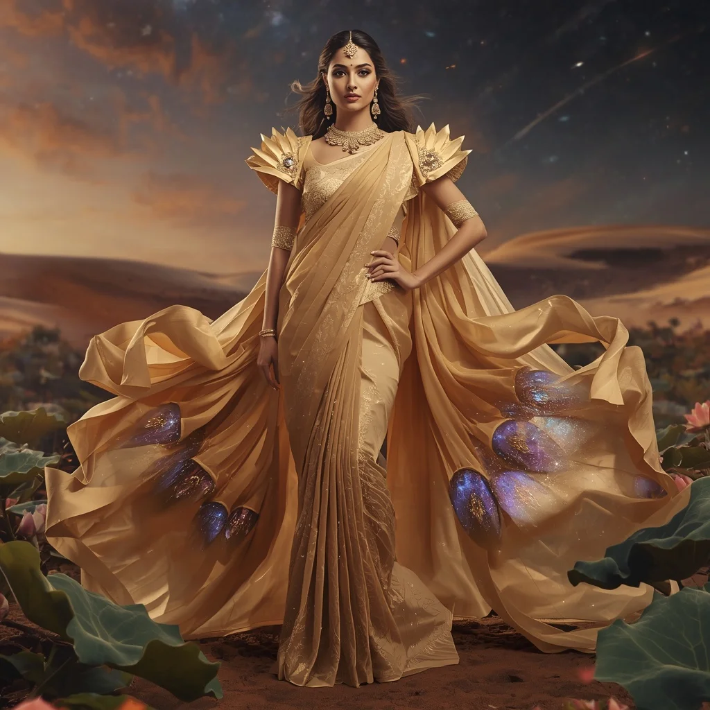 Royal Floating Crystal Sand Lotus Galaxy Saree With Cosmic Bloom And Desert Star Couture | Trending Prompt