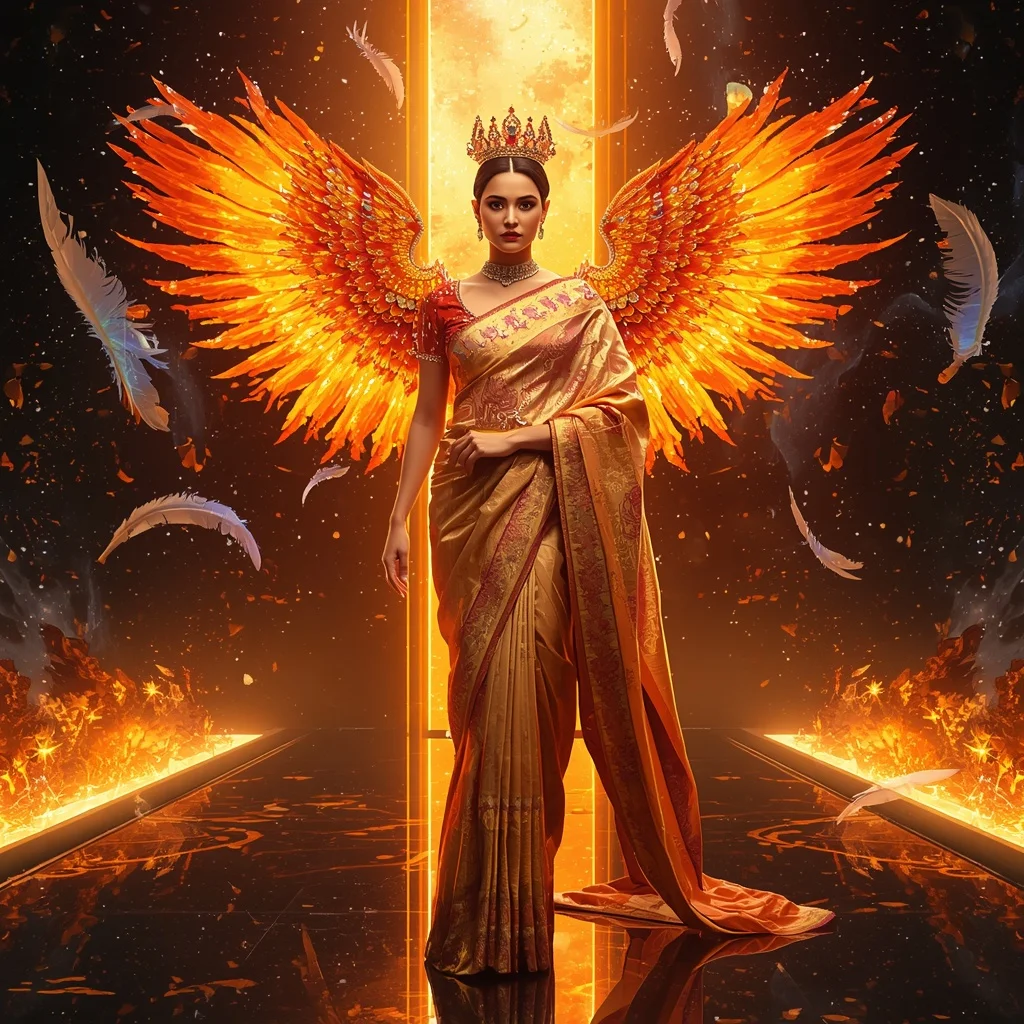 Royal Phoenix Galaxy Inferno Hyper Crown Festival Saree With Cosmic Fire Wing Scene | Saree Reel Ai Prompt
