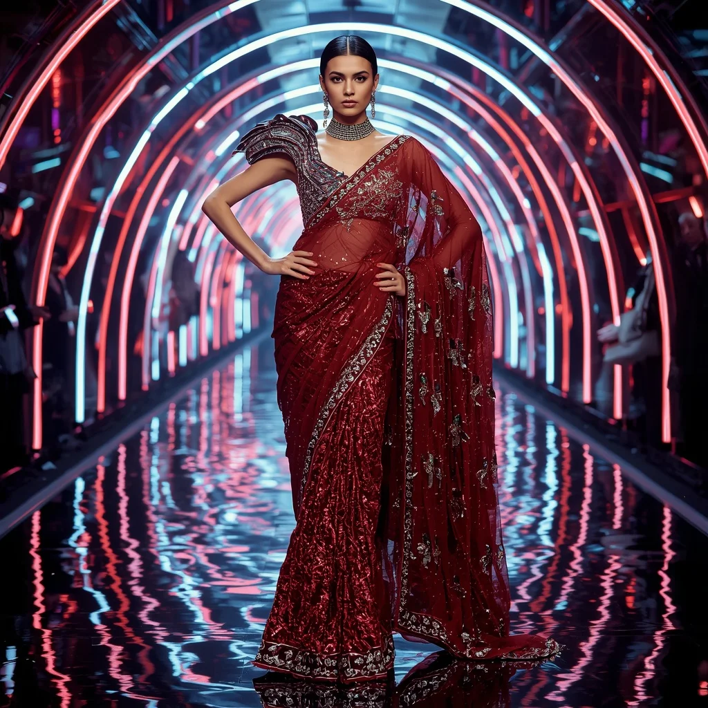 Royal Ruby Eclipse Empress Saree with Neon Arc Reflection Tunnel | Flux Ai Prompt