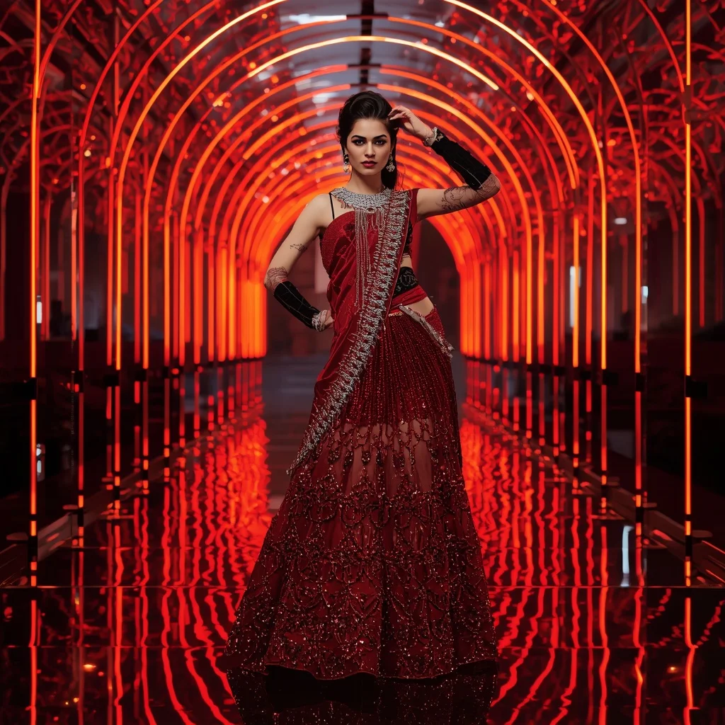 Royal Ruby Eclipse Fantasy Saree with Neon Arc Reflection Hall | Cute Girl Ai Prompt