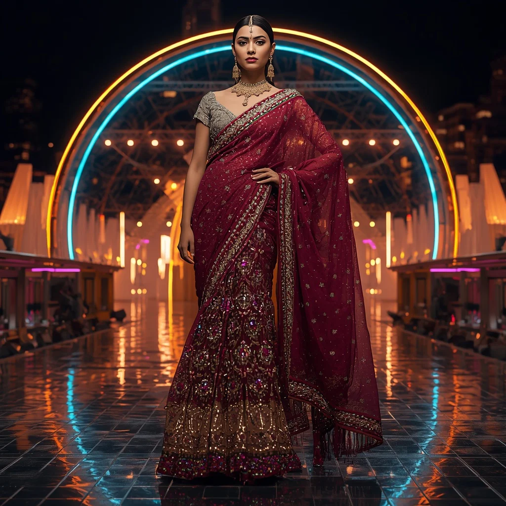 Royal Ruby Eclipse Saree with Neon Arc Observatory | Prompt For Girl In Saree Pic