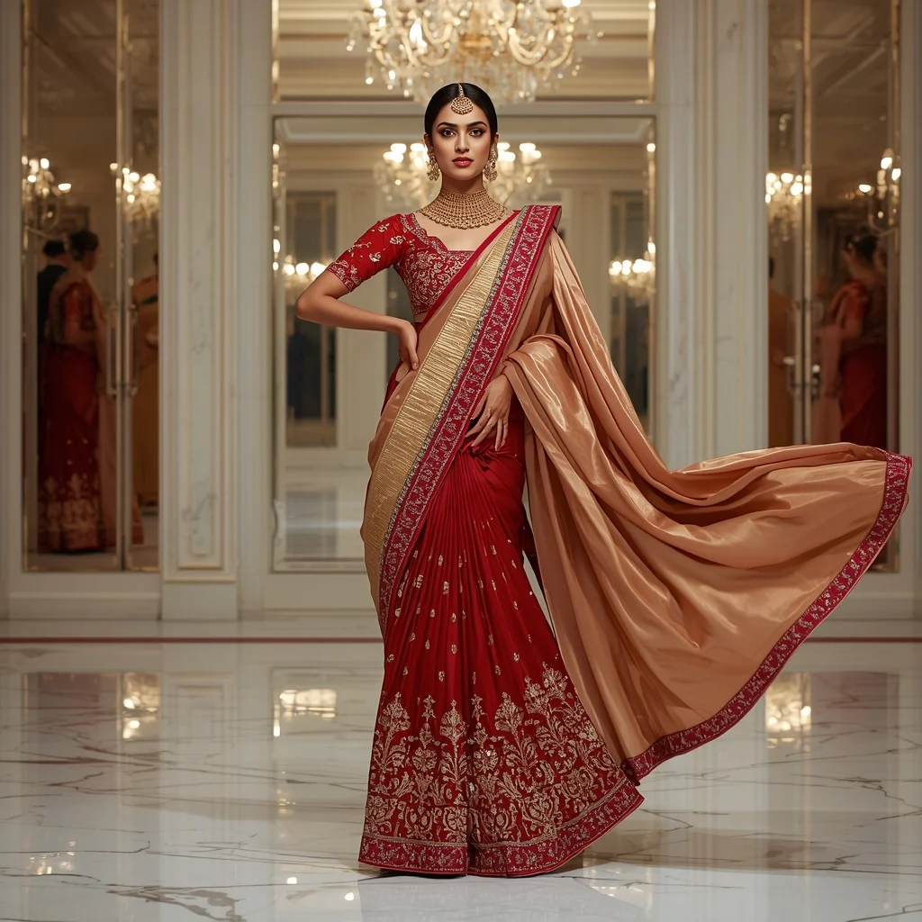 Royal Ruby Empress Saree with Grand Mirror Ballroom | Gemini Ai Prompt For Instagram