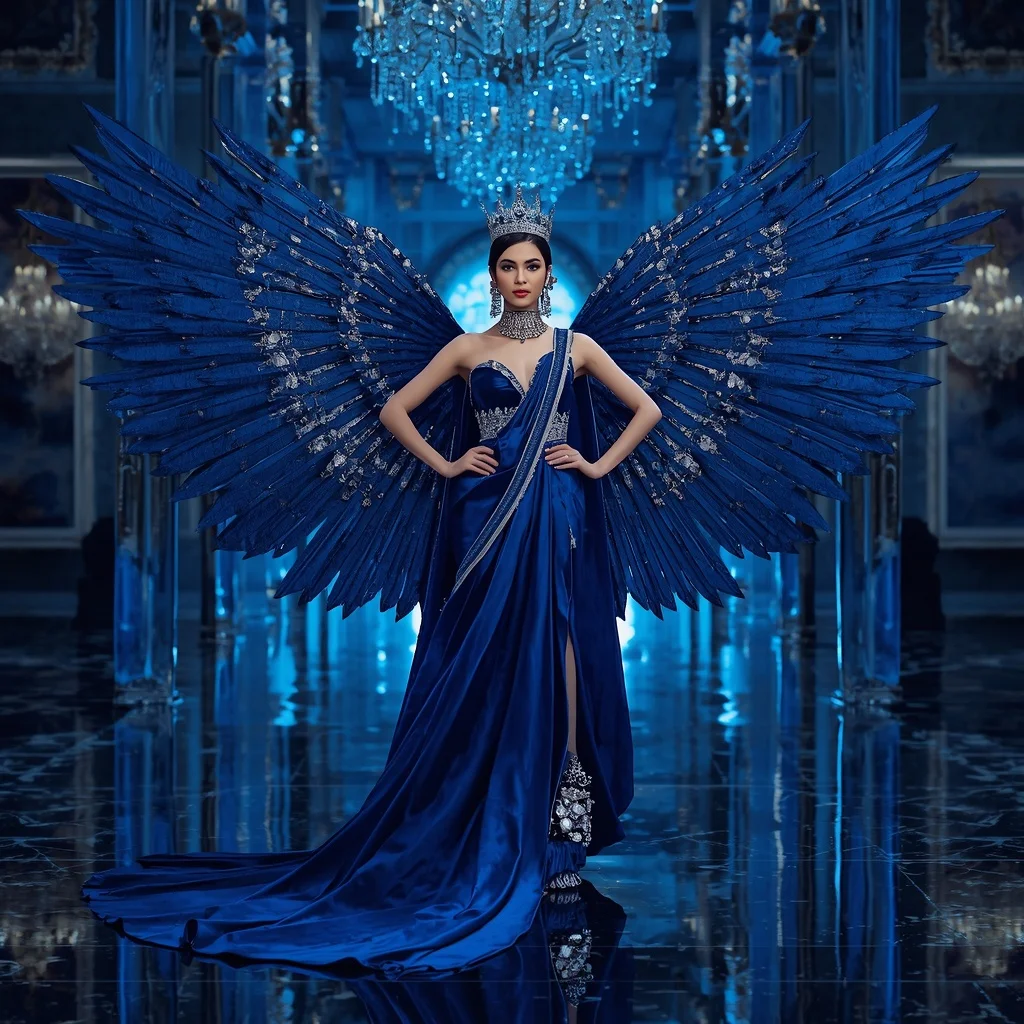 Royal Sapphire Crown Wing Saree with Blue Crystal Palace | New Instagram Trend Prompt For Girl Love
