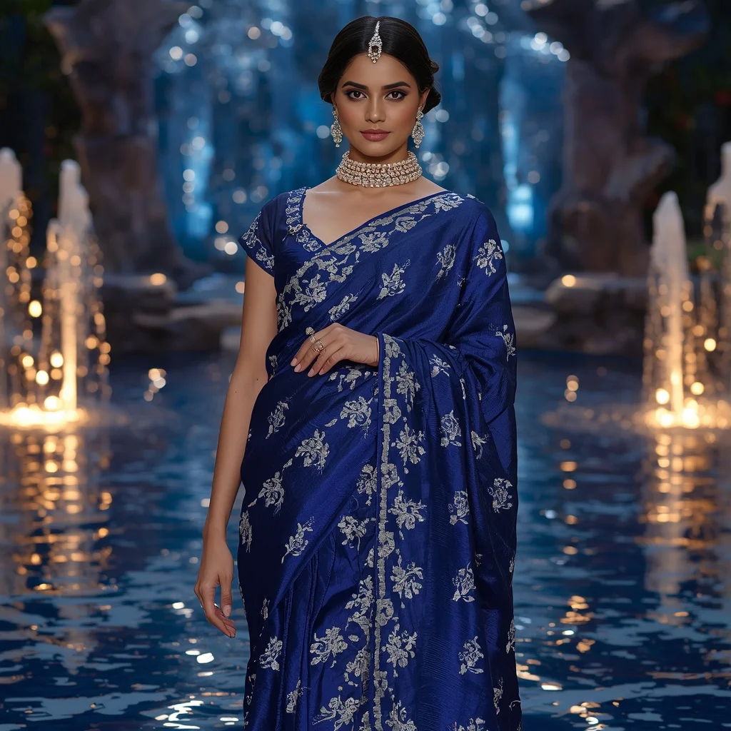 Royal Sapphire Ocean Blossom Saree Fashion with Crystal Lagoon Garden Background | New Instagram Trend Prompt For Girl And Boy Aesthetic