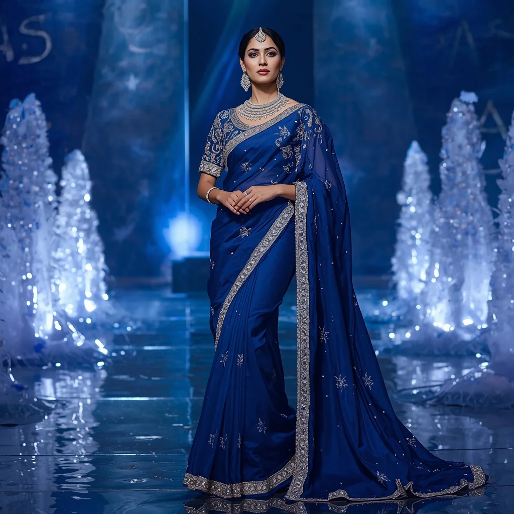 Royal Sapphire Ocean Queen Saree Fashion with Crystal Wave Fortress Background | Easy Ai Prompt