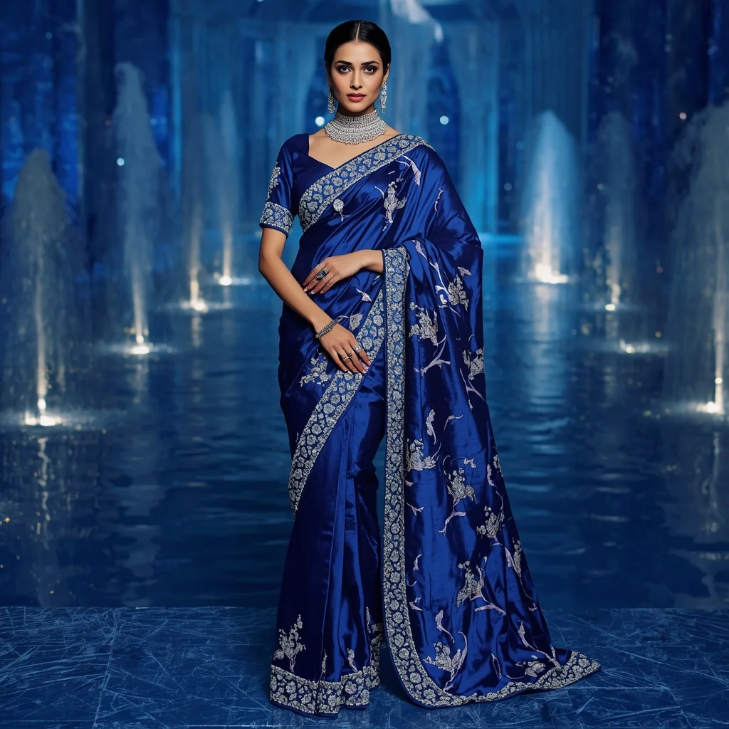 Royal Sapphire Water Lily Saree Fashion with Crystal Lagoon Palace Background | Prompt For Gemini AI Girl Model