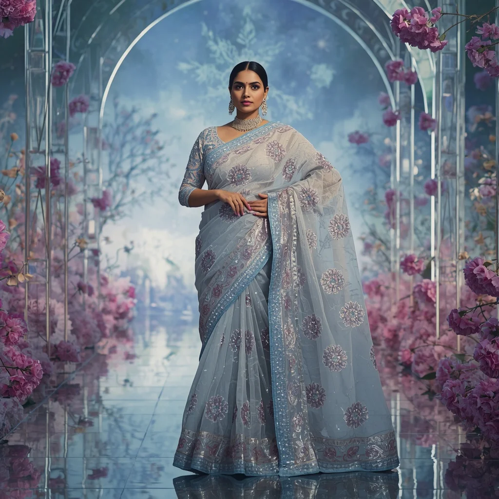 Royal Silver Aurora Blossom Saree Couture with Celestial Crystal Sky Garden Background | Instagram Story Ai Prompt