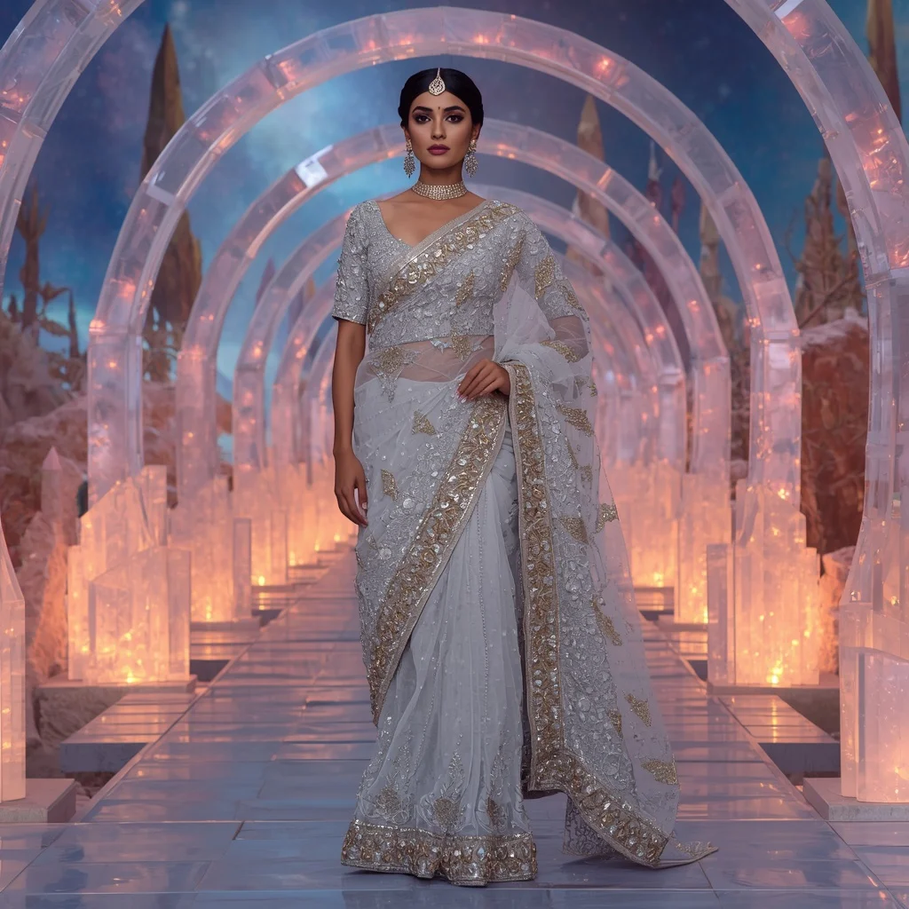 Royal Silver Aurora Queen Saree Couture with Celestial Crystal Skywalk Background | Prompt Chatgpt