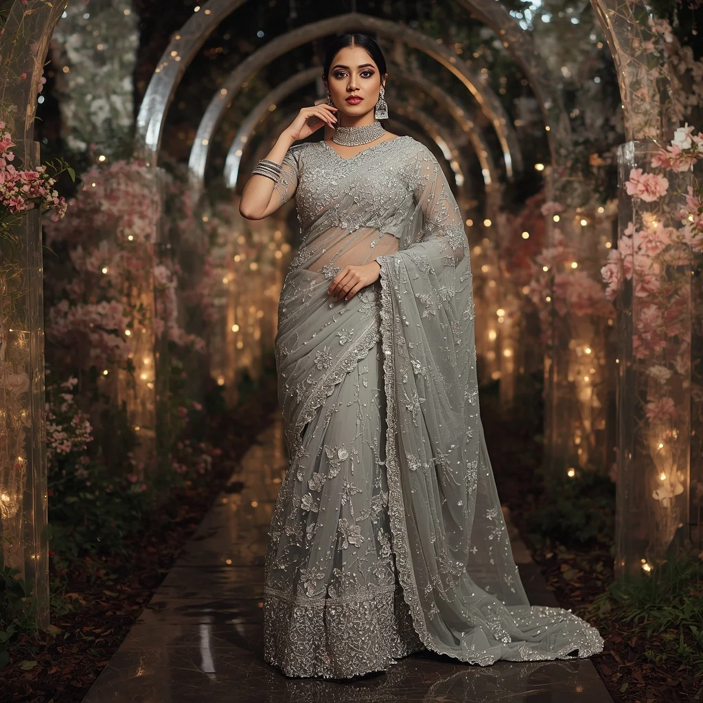 Royal Silver Celestial Bloom Saree Couture with Starlight Crystal Garden Background | New Instagram Trend Prompt For Girl Love