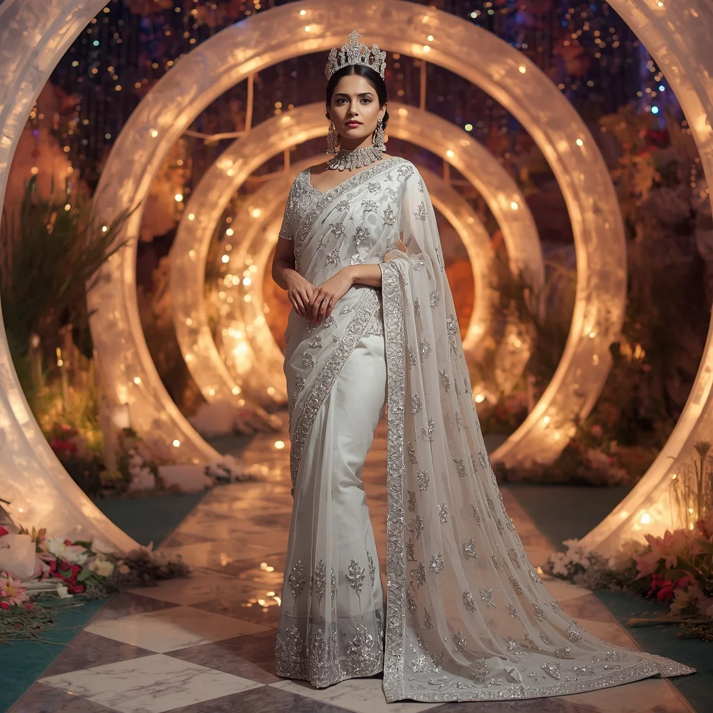 Royal Silver Moon Crown Saree Couture with Celestial Crystal Paradise Background | Prompt For Traditional Look For Girl Copy Paste