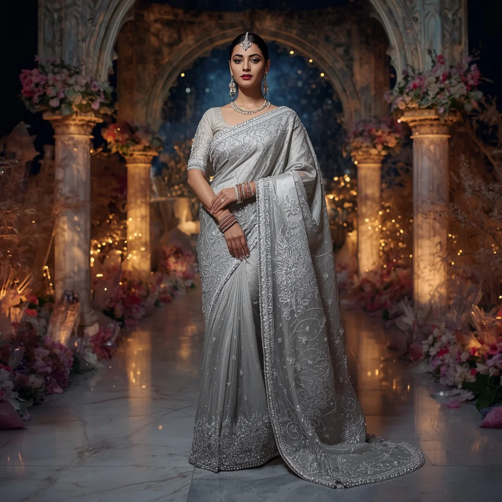 Royal Silver Starlight Empress Saree Couture with Celestial Crystal Terrace Background | Viral Ai Image Prompt