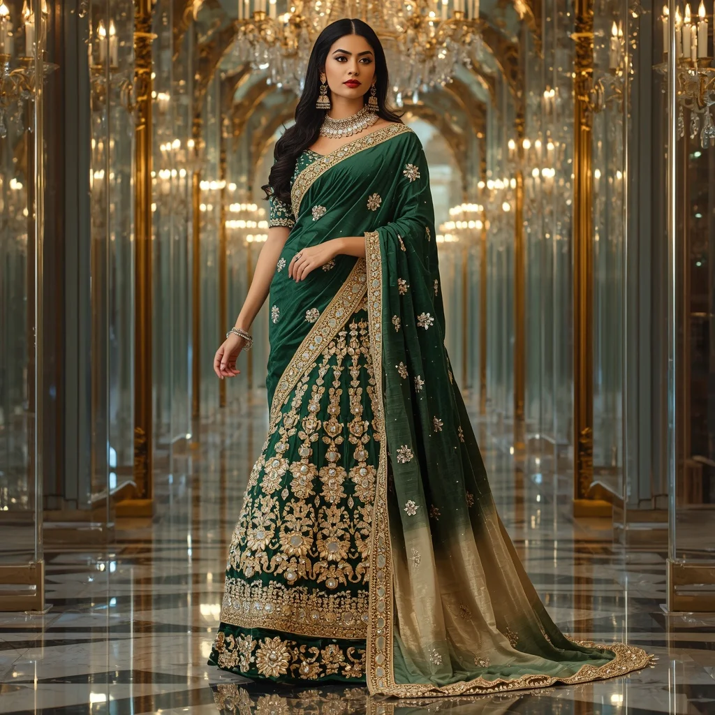 Royal Velvet Emerald Crown Palace Saree with Crystal Maharani Empire | Gemini Ai Photo Prompt Copy Paste