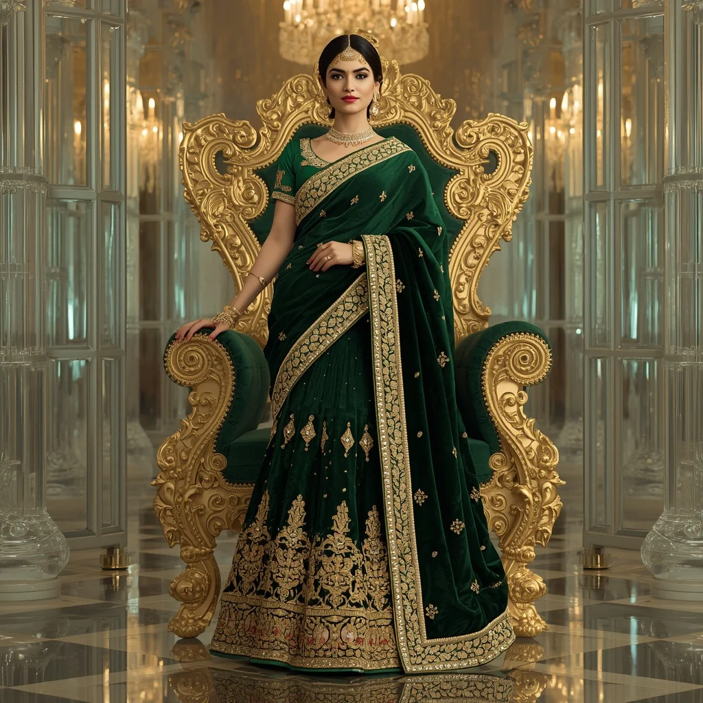 Royal Velvet Emerald Throne Saree with Crystal Maharani Palace | Desi Girl Ai Prompt