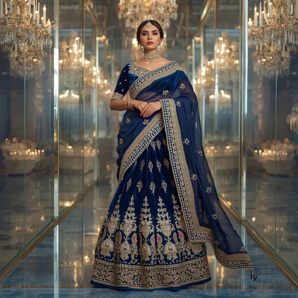 Royal Velvet Sapphire Observatory Saree with Crystal Maharani Kingdom | Instagram Model Ai Prompt