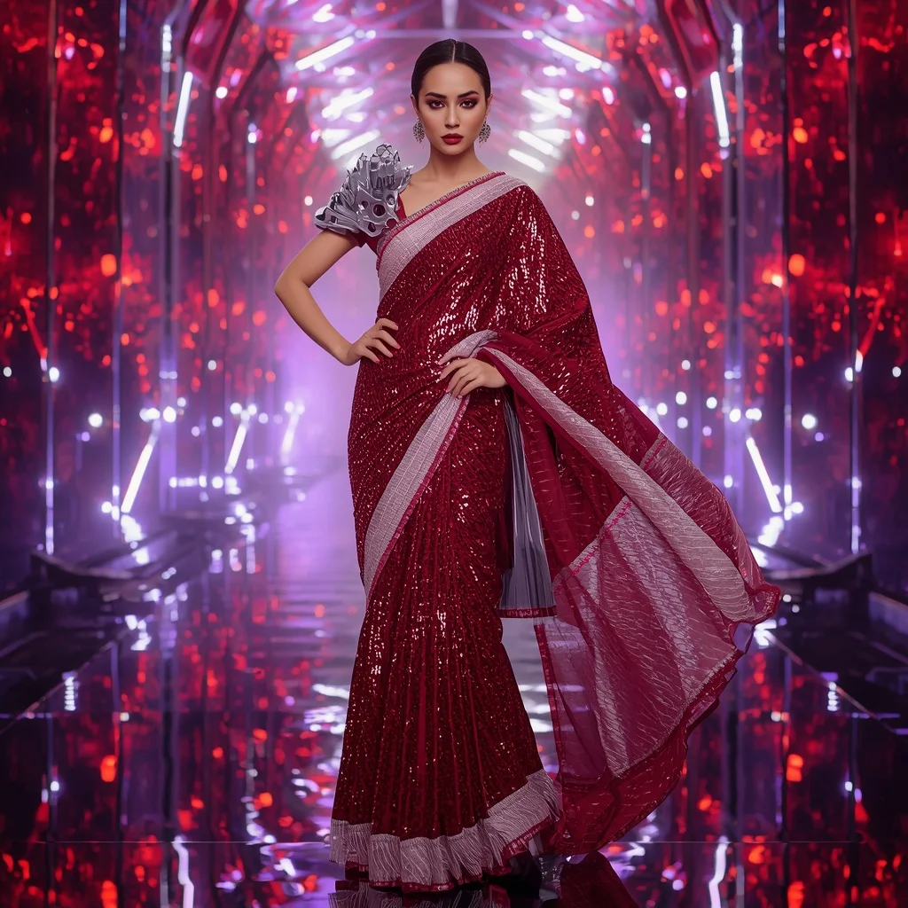 Ruby Aurora Velocity Saree with Infinite Prism Reflection Galaxy Infinity Tunnel | Prompt Seen Girl Photo Editing Trending
