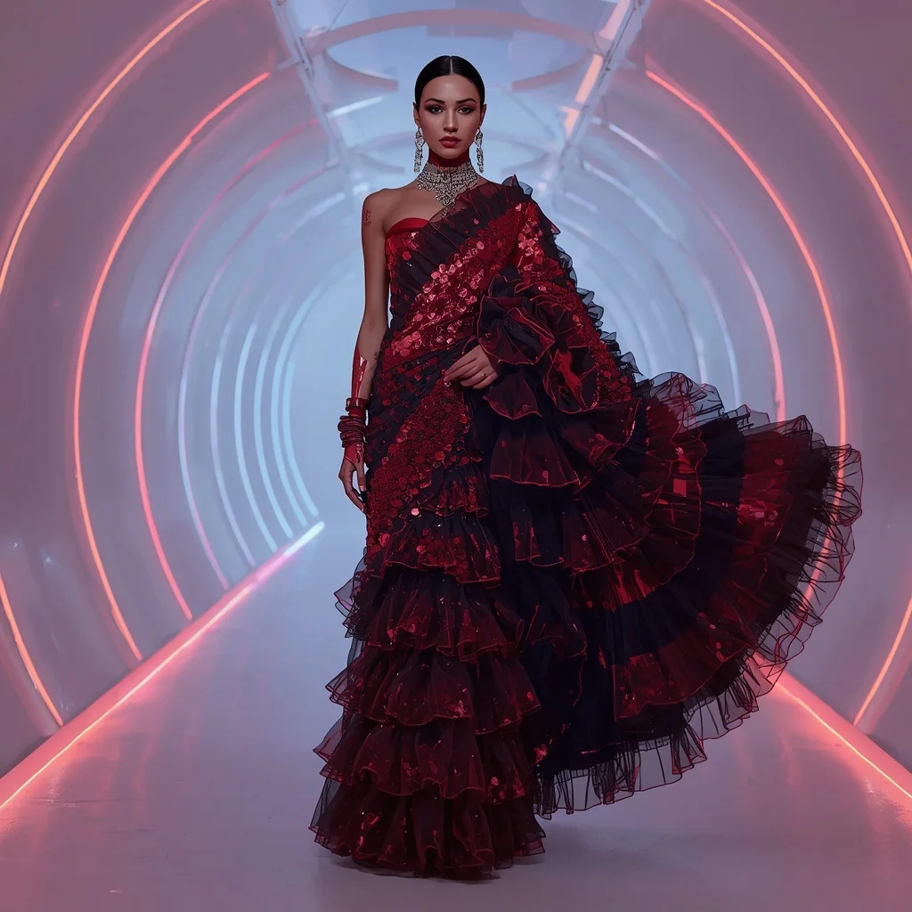 Ruby Chrome and Black Organza Saree with Pulse-Light Tunnel
