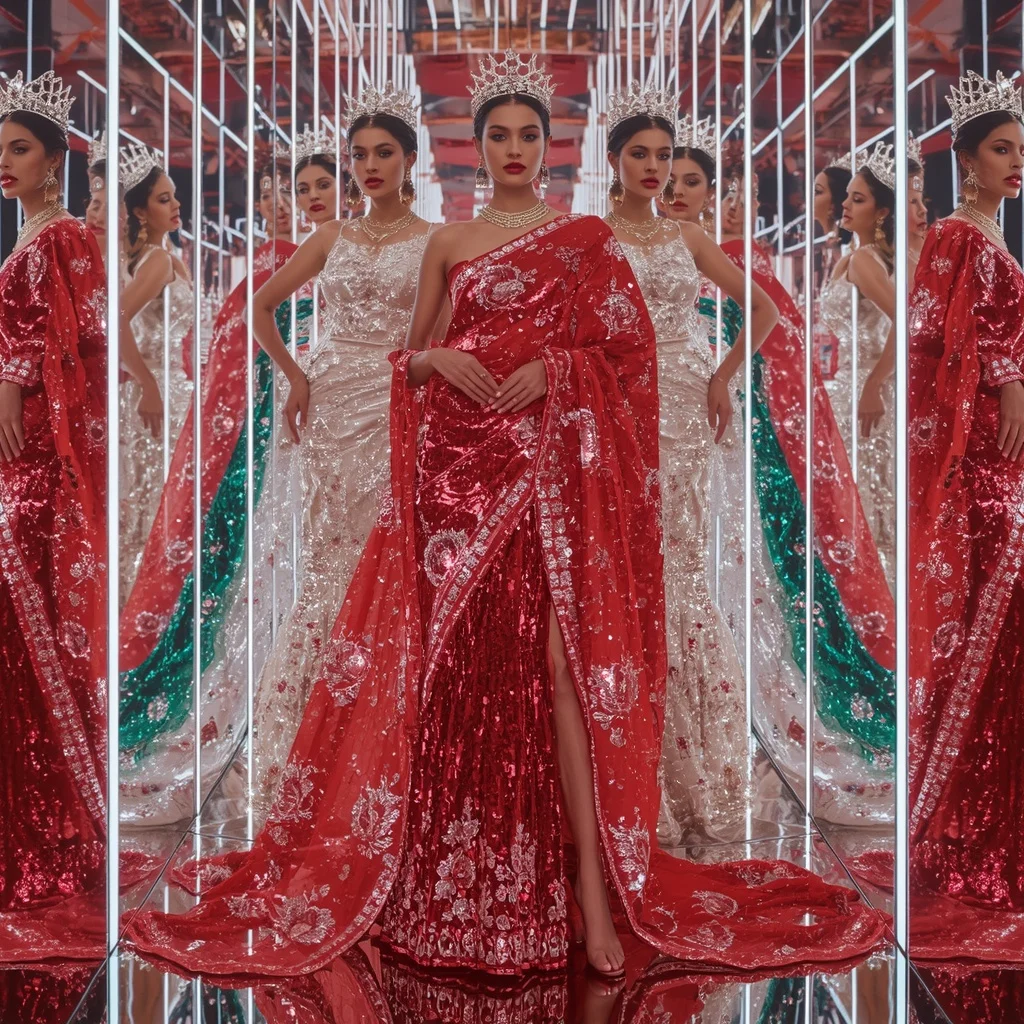Ruby Crystal Hyperqueen Saree with Infinity Glamour Poses and Holographic Mirror Hyperrealm | Leonardo Ai Image Prompt