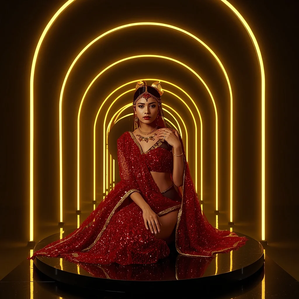 Ruby Crystal-Mesh Saree – Seated Sphinx Pose with Neon Yellow Arches | Prompt Seen Trending Girl Instagram