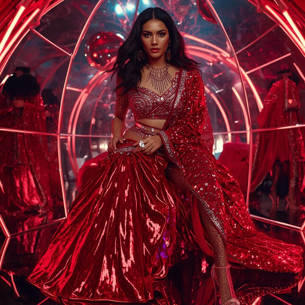 Ruby Crystal Royale Saree with Neon Reflection Dome | Gemini Prompt