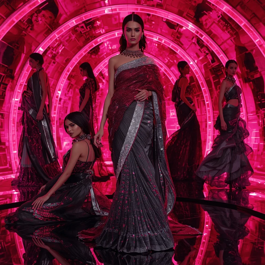 Ruby Cyber Mirage Saree with Curved Neon Dome | Instagram Highlight Cover Ai Prompt