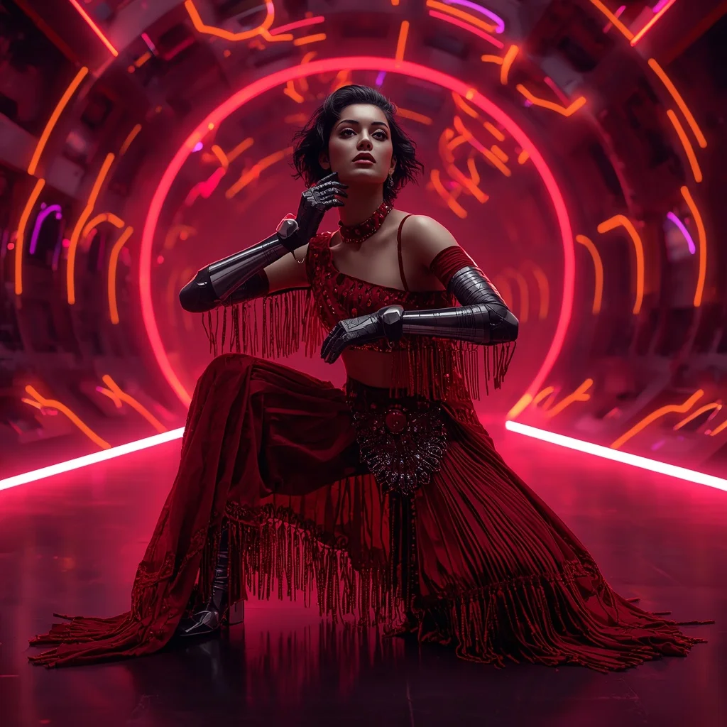 Ruby Eclipse Singularity Armor Saree with Neon Ribbon Quantum Tunnel Engine Vault Core Collapse Nexus Field System | Midjourney Prompt List