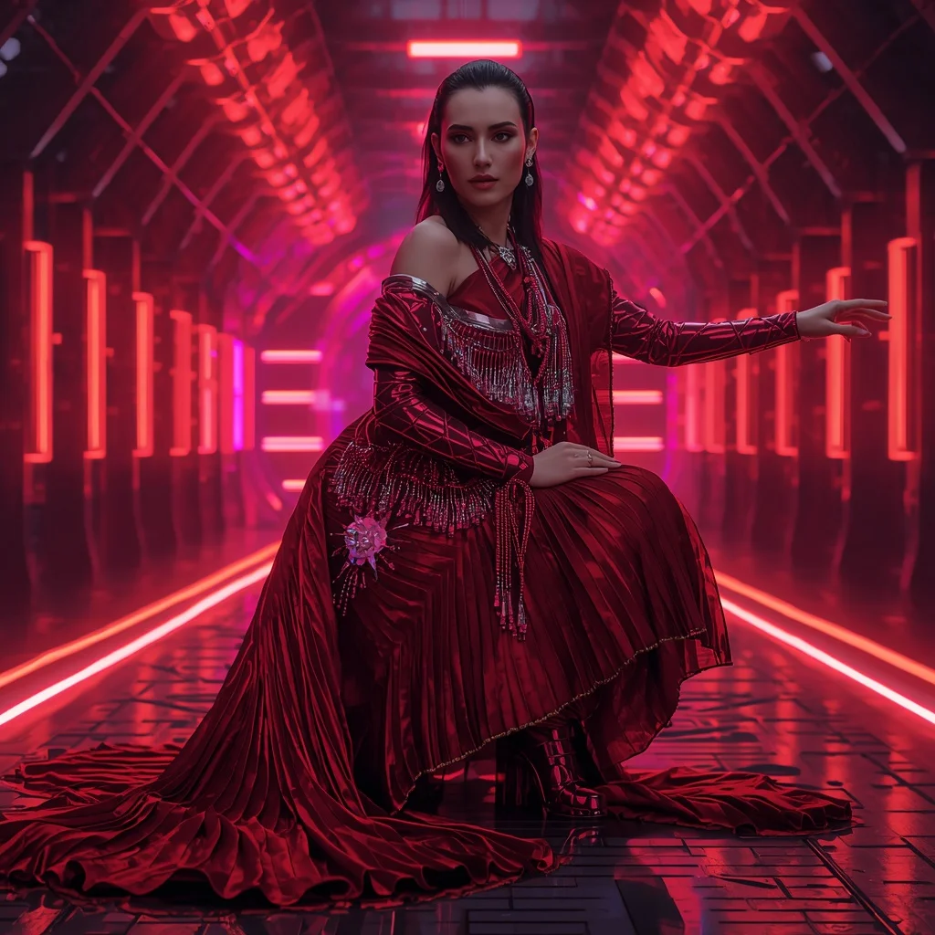 Ruby Eclipse Singularity Infinity Armor Saree with Neon Ribbon Quantum Tunnel Engine Vault Collapse Nexus Field | Gemini Prompt