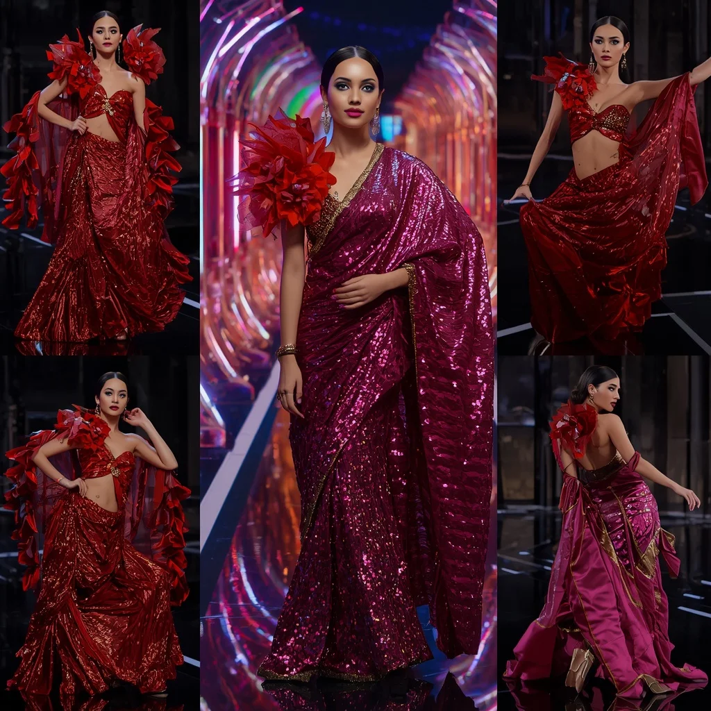 Ruby Flame Festival Saree with Floating Crystal Infinity Skyline Walkway | Grok Ai Prompt