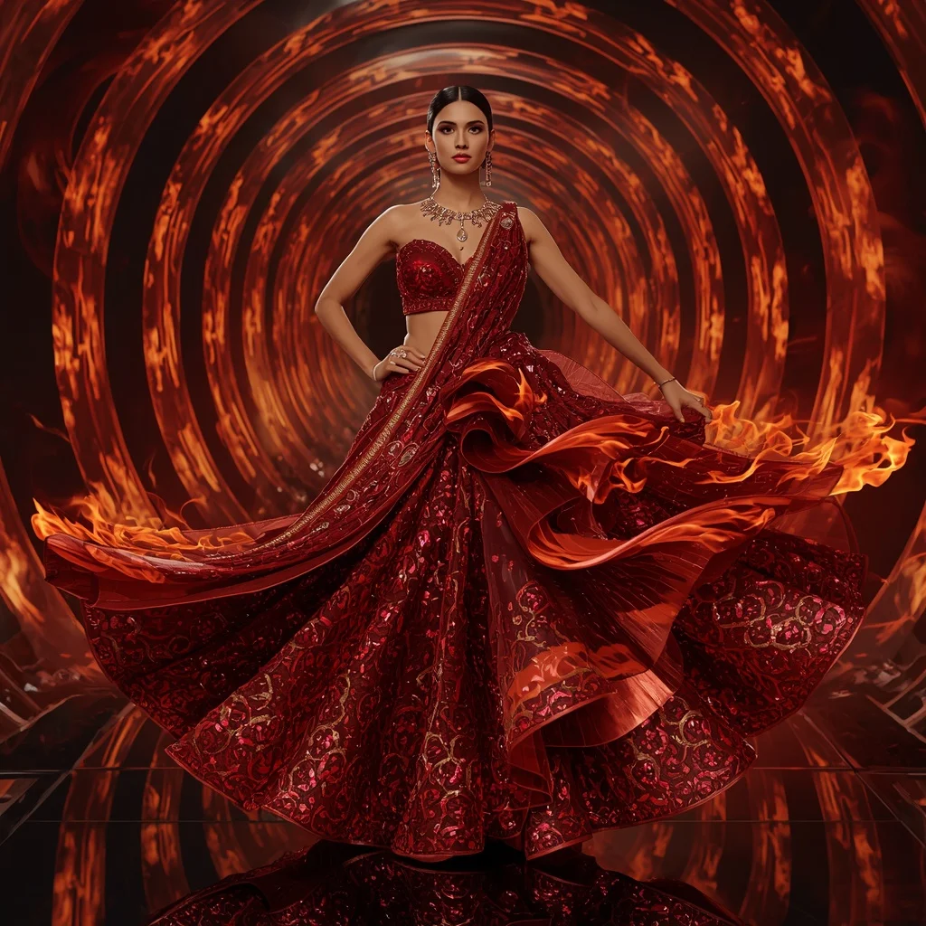 Ruby Flame Orbit Saree with Ember Spiral Fantasy Cathedral | Prompt Seen Trending Girl Instagram